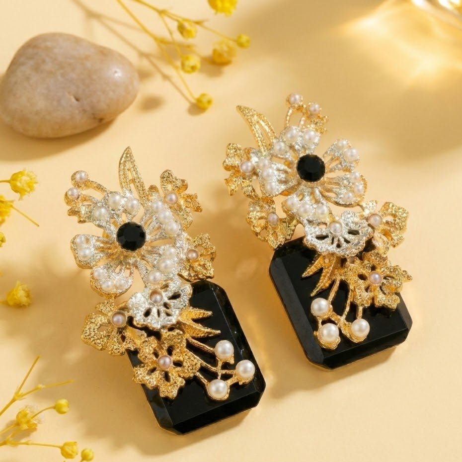 Hand Crafted Blossom Earrings - Gold Plated Semi Precious Stone