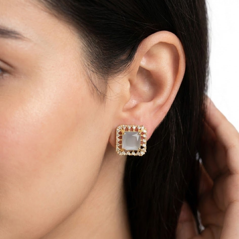 Vintage Bloom AD Studs - Oxidized Jarao Stone Earrings