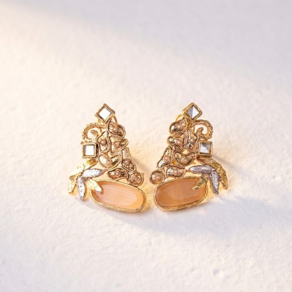 Hand Crafted Gold Plated Jhumka Earrings - Premium Stone Work
