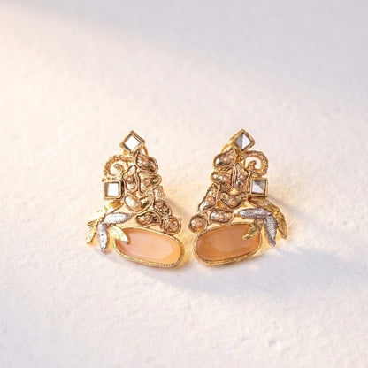 Hand Crafted Gold Plated Jhumka Earrings - Premium Stone Work