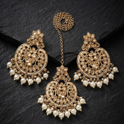 Gold Plated Crescent Moon Earrings & Tikka Jewelry Set