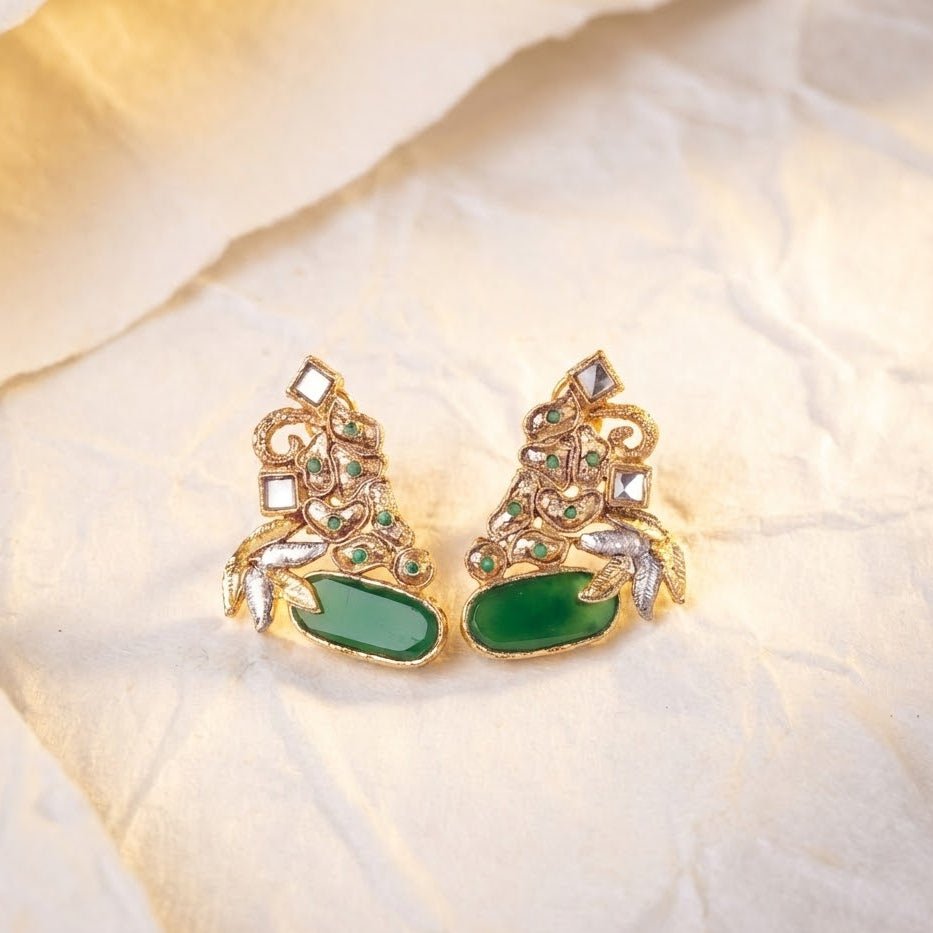 Hand Crafted Gold Plated Jhumka Earrings - Premium Stone Work