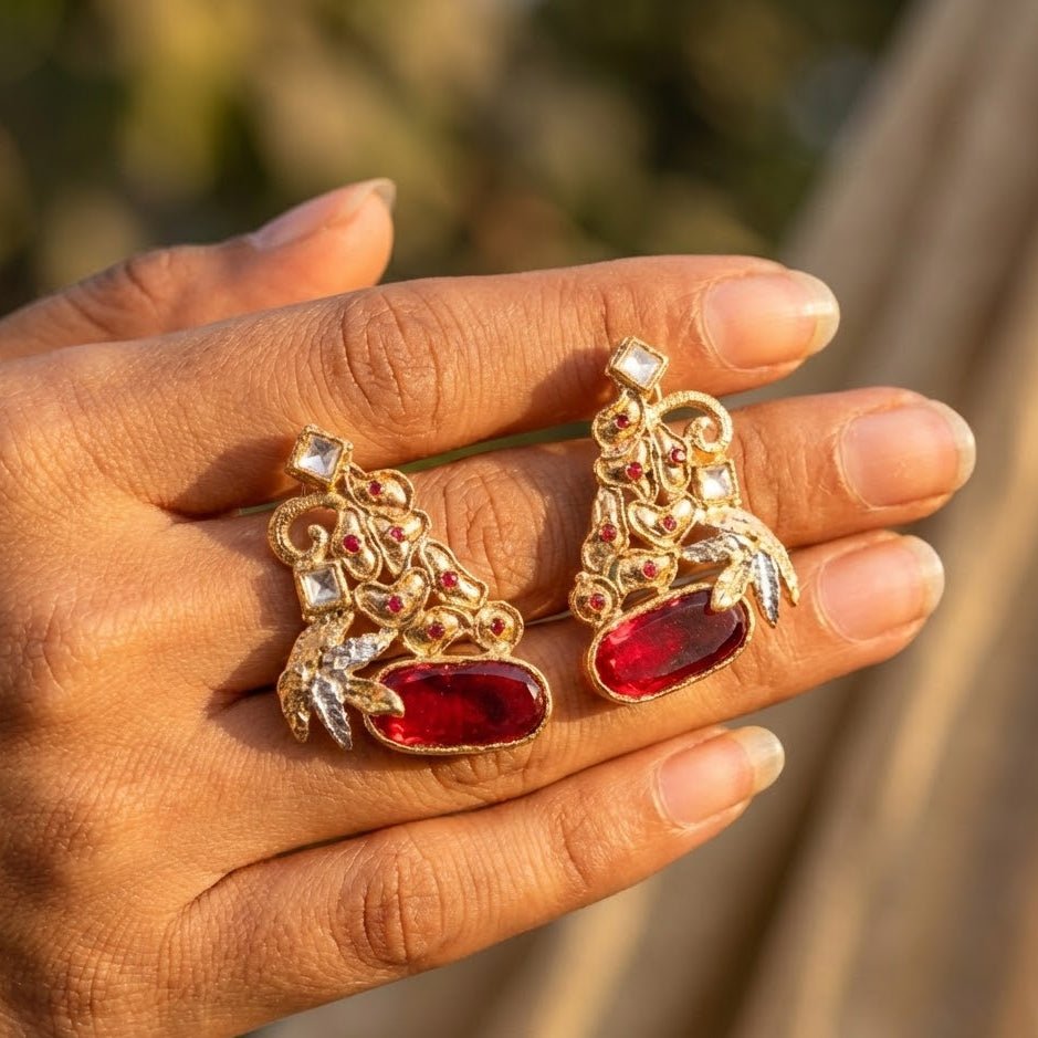 Hand Crafted Gold Plated Jhumka Earrings - Premium Stone Work