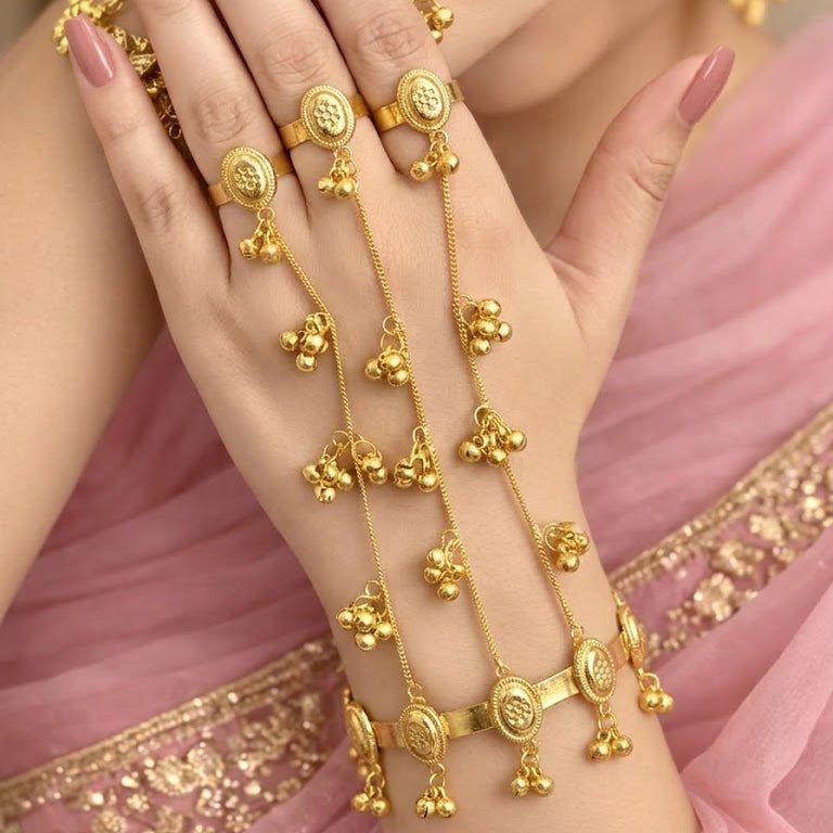 Kashmiri Style Gold Plated Hath Phool Bracelet Ring Hand Chain | Adjustable Design Haath Phool for Women (Single Piece)