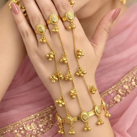Kashmiri Style Gold Plated Hath Phool Bracelet Ring Hand Chain | Adjustable Design Haath Phool for Women (Single Piece)