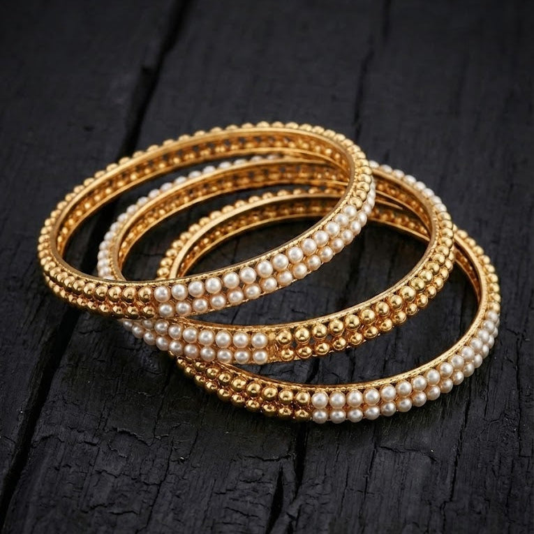 Gold Plated Pearl Bangle Set - 4 Piece with Beaded Design