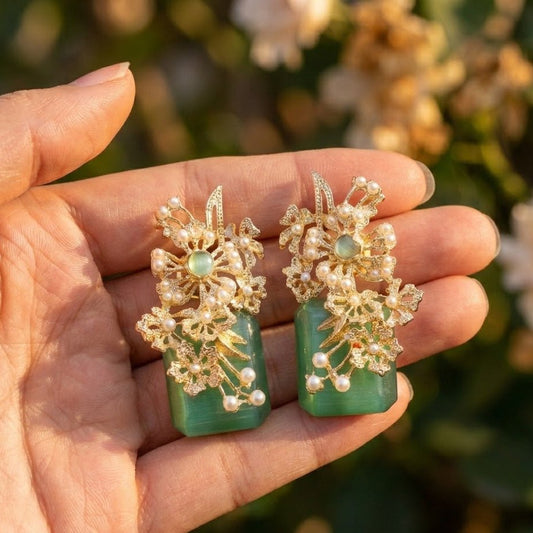 Hand Crafted Blossom Earrings - Gold Plated Semi Precious Stone