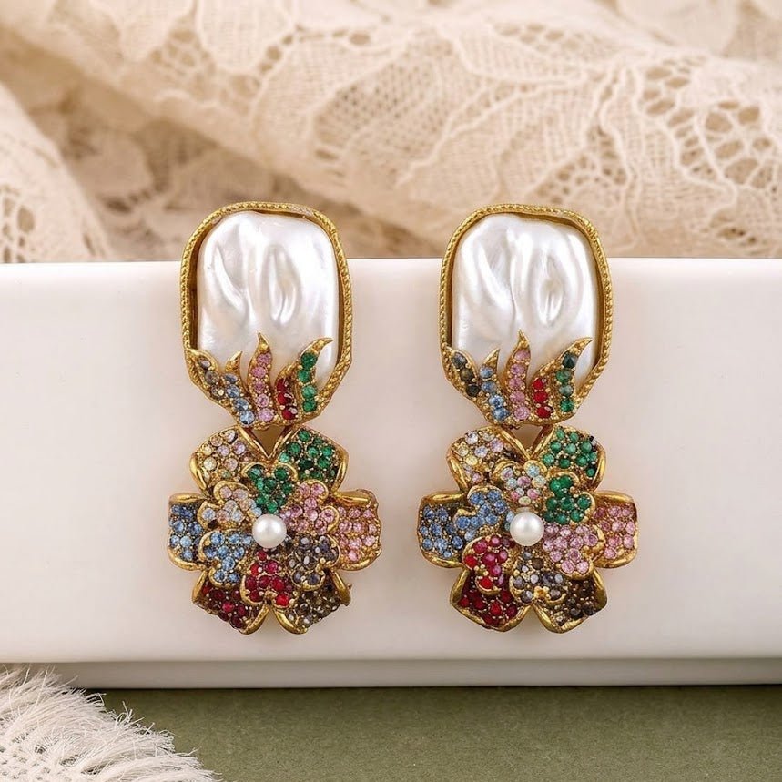 Gem-Encrusted Floral Dangle Earrings