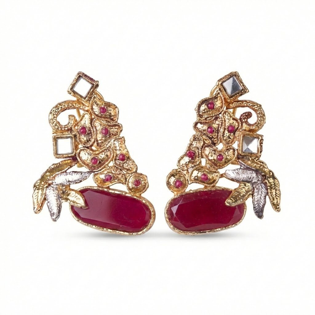 Hand Crafted Gold Plated Jhumka Earrings - Premium Stone Work