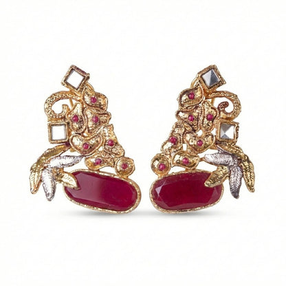 Hand Crafted Gold Plated Jhumka Earrings - Premium Stone Work
