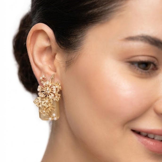 Hand Crafted Blossom Earrings - Gold Plated Semi Precious Stone
