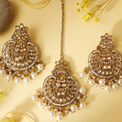 Gold Plated Crescent Moon Earrings & Tikka Jewelry Set