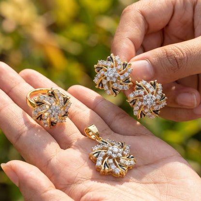 American Spin Pendant Set | 24K Gold Plated | Casted with American Zircons | Adjustable Ring