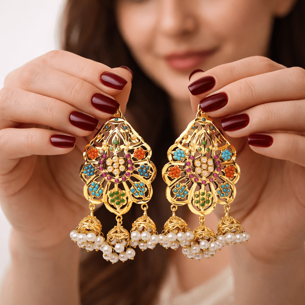 Nauratan Kundan Jhumka Earrings with Pearl Drops