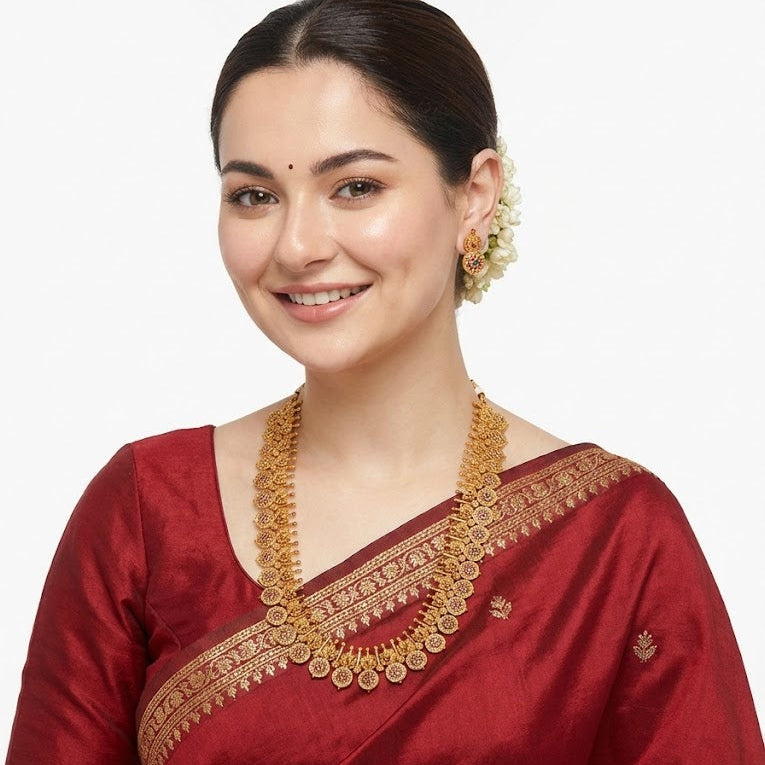 Golden Coin Medallion Necklace Set - Long Chain Temple Jewelry Gold Plated