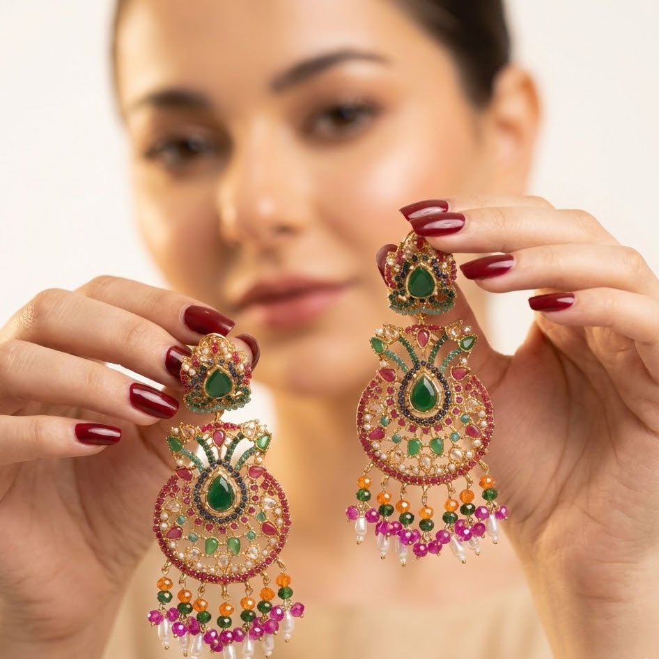 Royal Nauratan Jhumka Earrings - Traditional Pakistani Bridal Jewelry