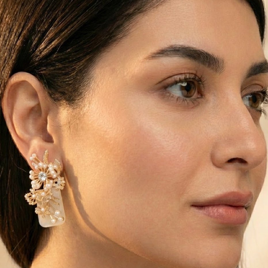Hand Crafted Blossom Earrings - Gold Plated Semi Precious Stone