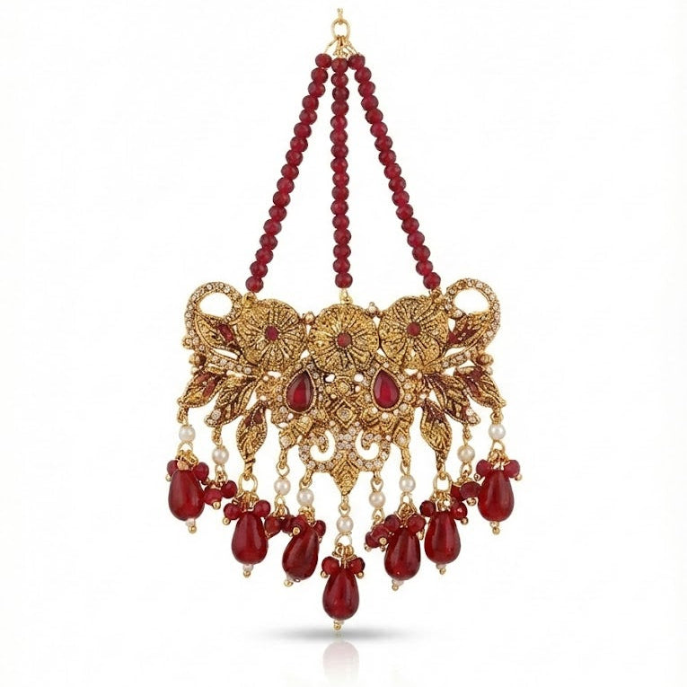 Eternal Ruby: Antique Gold Finish Bridal Set