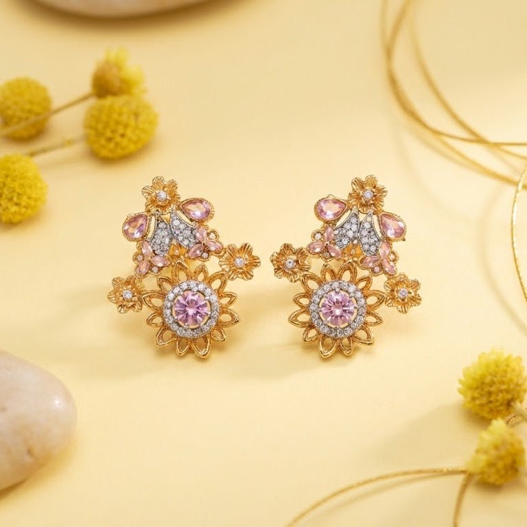 Blush Blossom Zirconia Studs - Floral Butterfly Earrings
