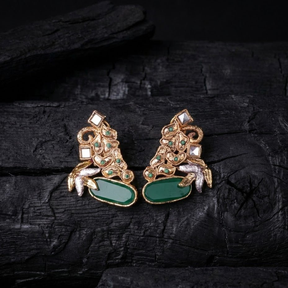 Hand Crafted Gold Plated Jhumka Earrings - Premium Stone Work