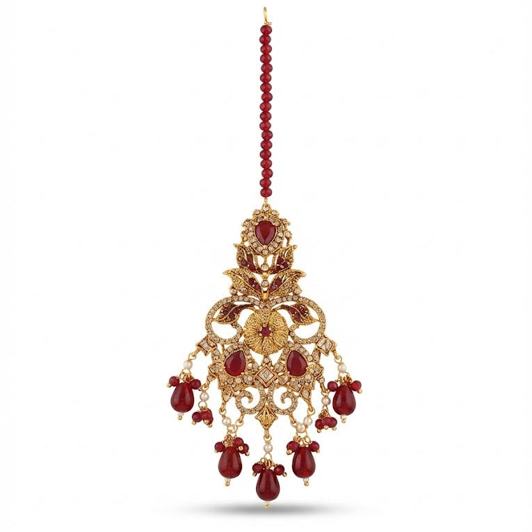 Eternal Ruby: Antique Gold Finish Bridal Set