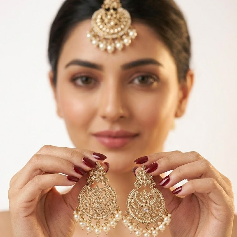 Gold Plated Crescent Moon Earrings & Tikka Jewelry Set