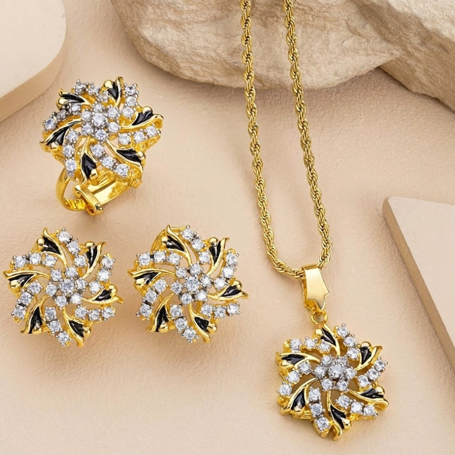 American Spin Pendant Set | 24K Gold Plated | Casted with American Zircons | Adjustable Ring