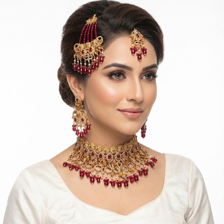Eternal Ruby: Antique Gold Finish Bridal Set