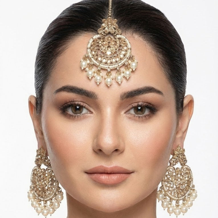 Gold Plated Crescent Moon Earrings & Tikka Jewelry Set