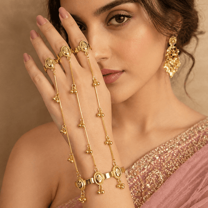 Kashmiri Style Gold Plated Hath Phool Bracelet Ring Hand Chain | Adjustable Design Haath Phool for Women (Single Piece)