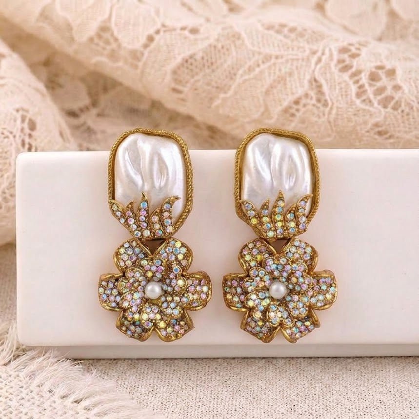 Gem-Encrusted Floral Dangle Earrings