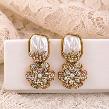 Gem-Encrusted Floral Dangle Earrings