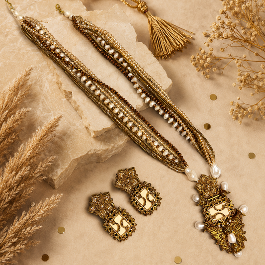 Crimson & Baroque Pearl Heritage Mala Champagne