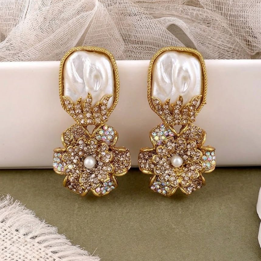 Gem-Encrusted Floral Dangle Earrings
