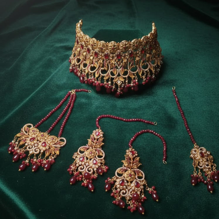 Eternal Ruby: Antique Gold Finish Bridal Set