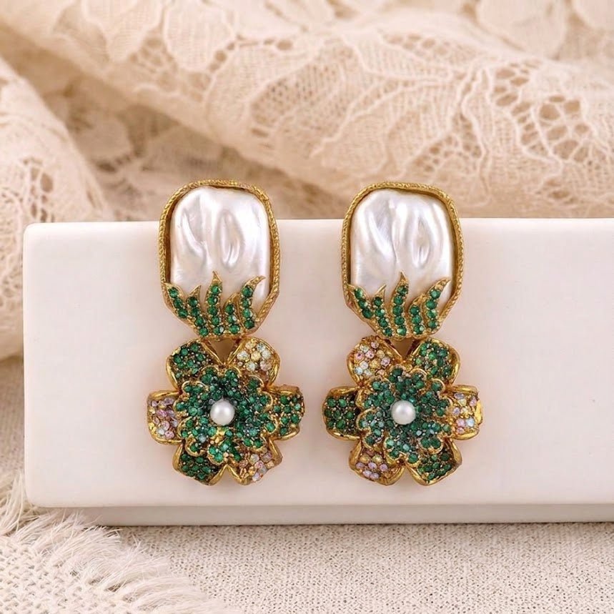 Gem-Encrusted Floral Dangle Earrings