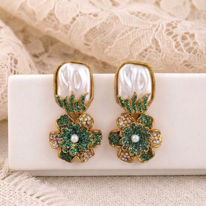 Gem-Encrusted Floral Dangle Earrings