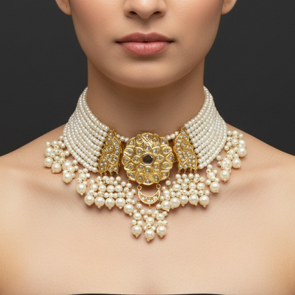 Woman wearing a gold and pearl necklace against a dark background