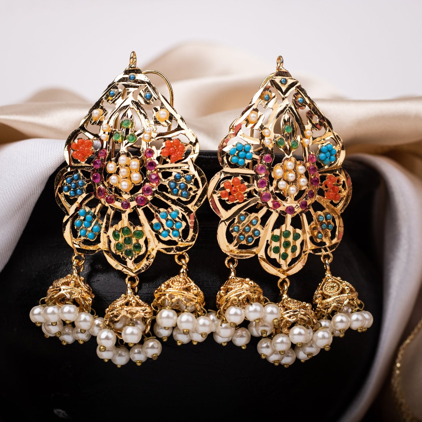 Nauratan Kundan Jhumka Earrings with Pearl Drops