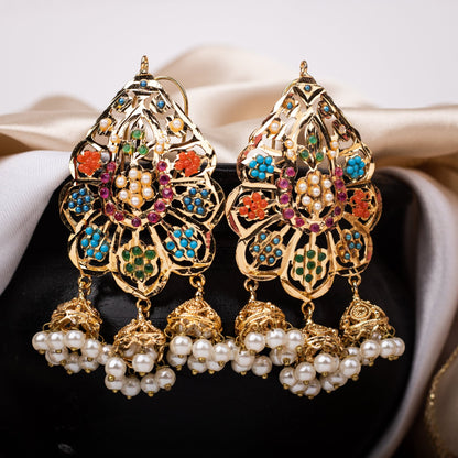 Nauratan Kundan Jhumka Earrings with Pearl Drops