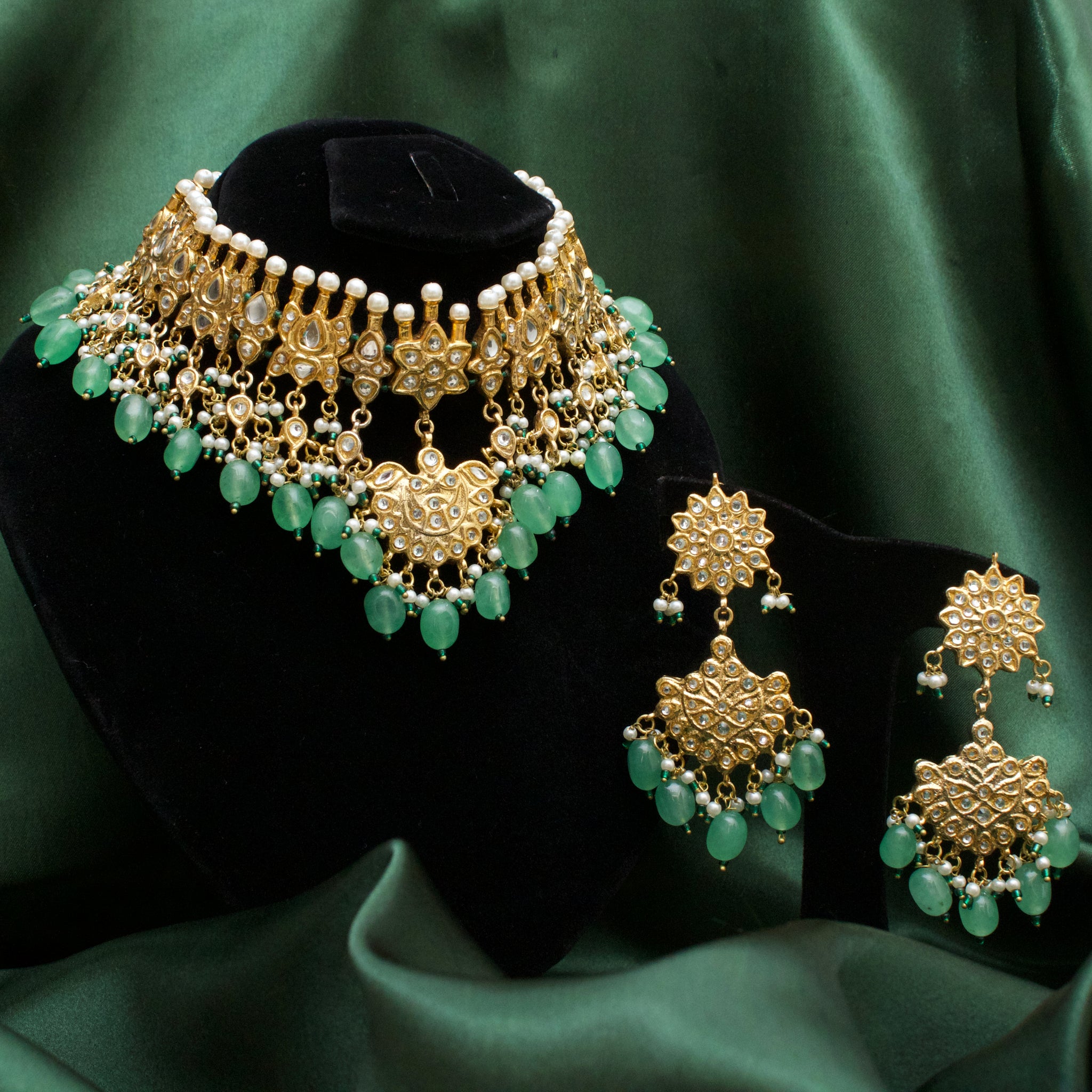 Splendid Pearl Moti And Green Beads Set 02