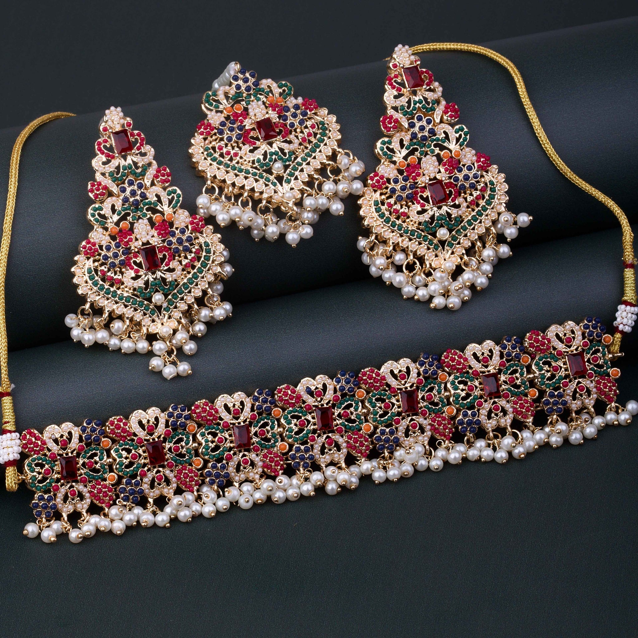 Encrusted Naurattan Necklace Set  02