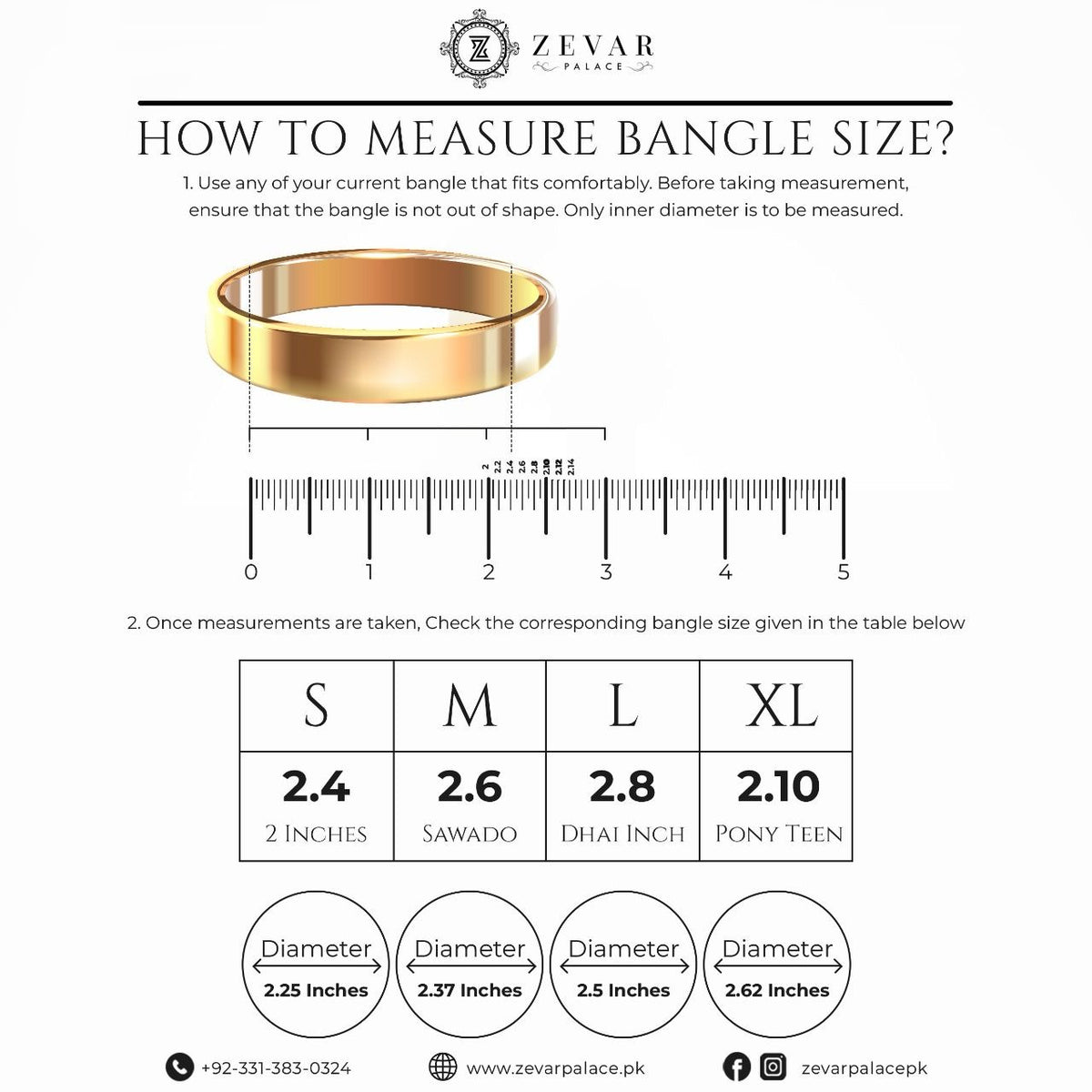 Zevar Palace bangle size chart - how to measure bangle size