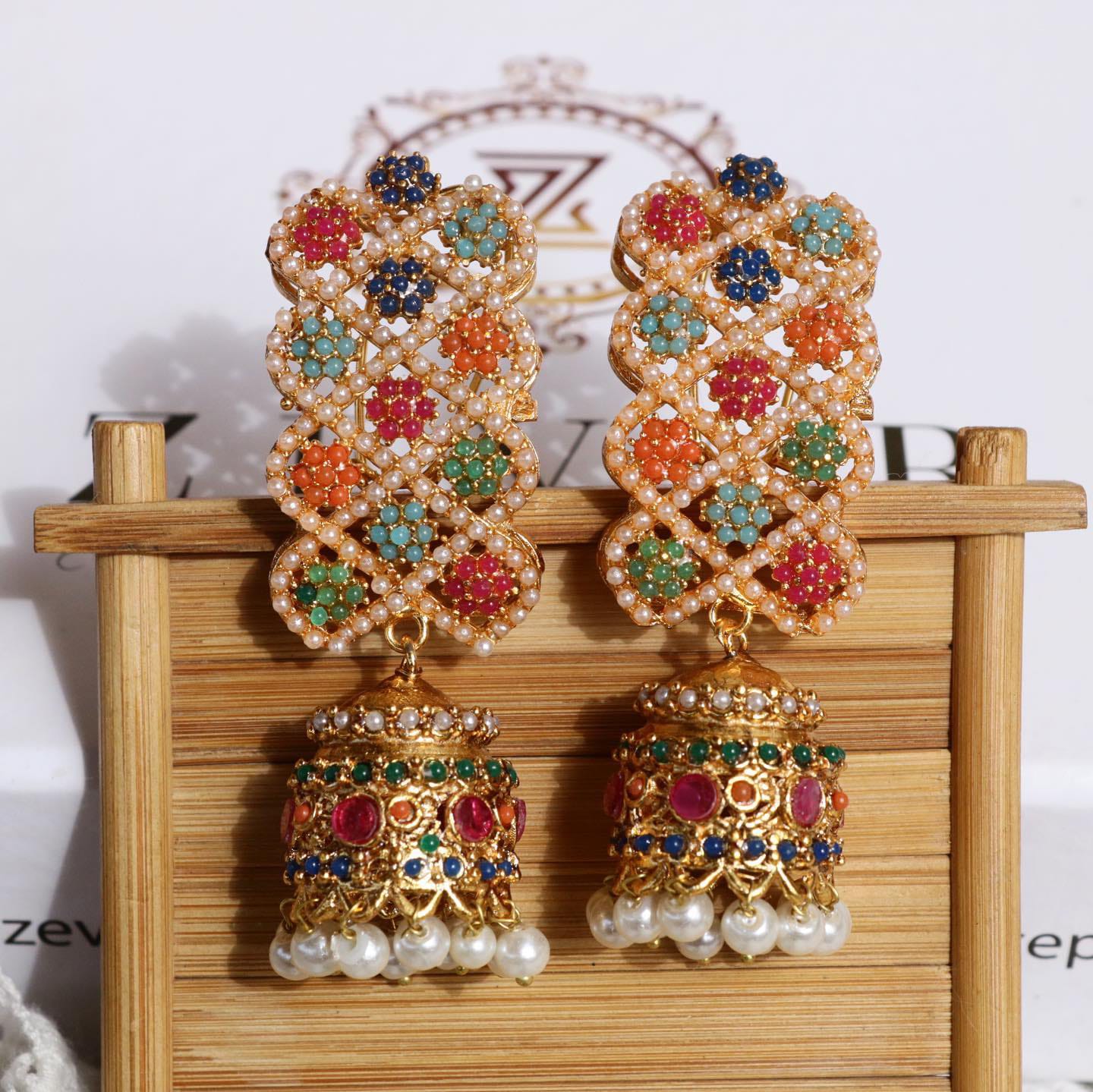 Naurattan Jhumka Pair with Pearls and Rubbies
