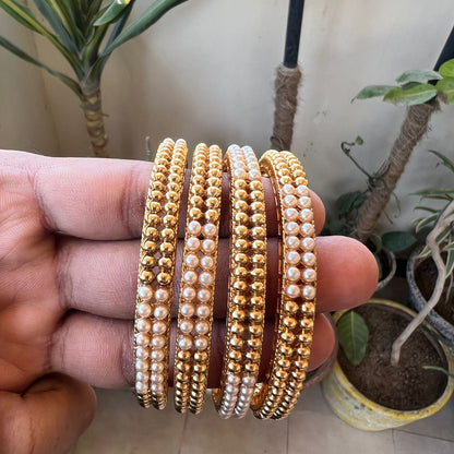 Gold Plated Pearl Bangle Set - 4 Piece with Beaded Design
