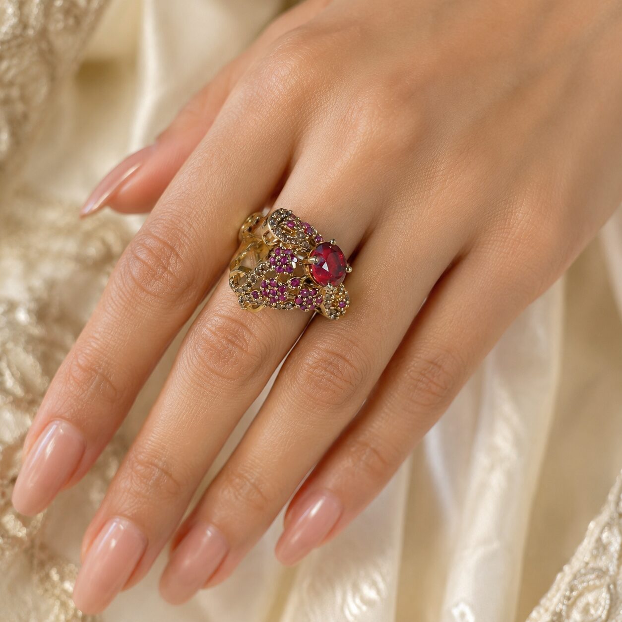 Shahnoor Ruby Floral Statement Ring worn on hand