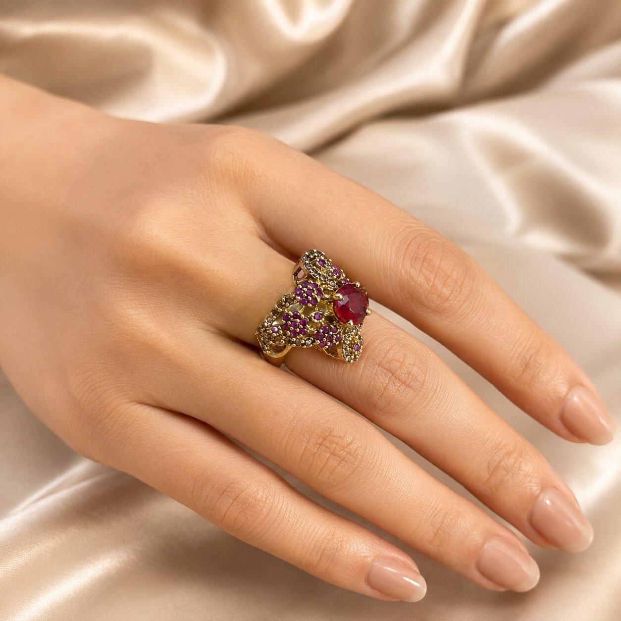 Shahnoor Ruby Floral Statement Ring model hand detail