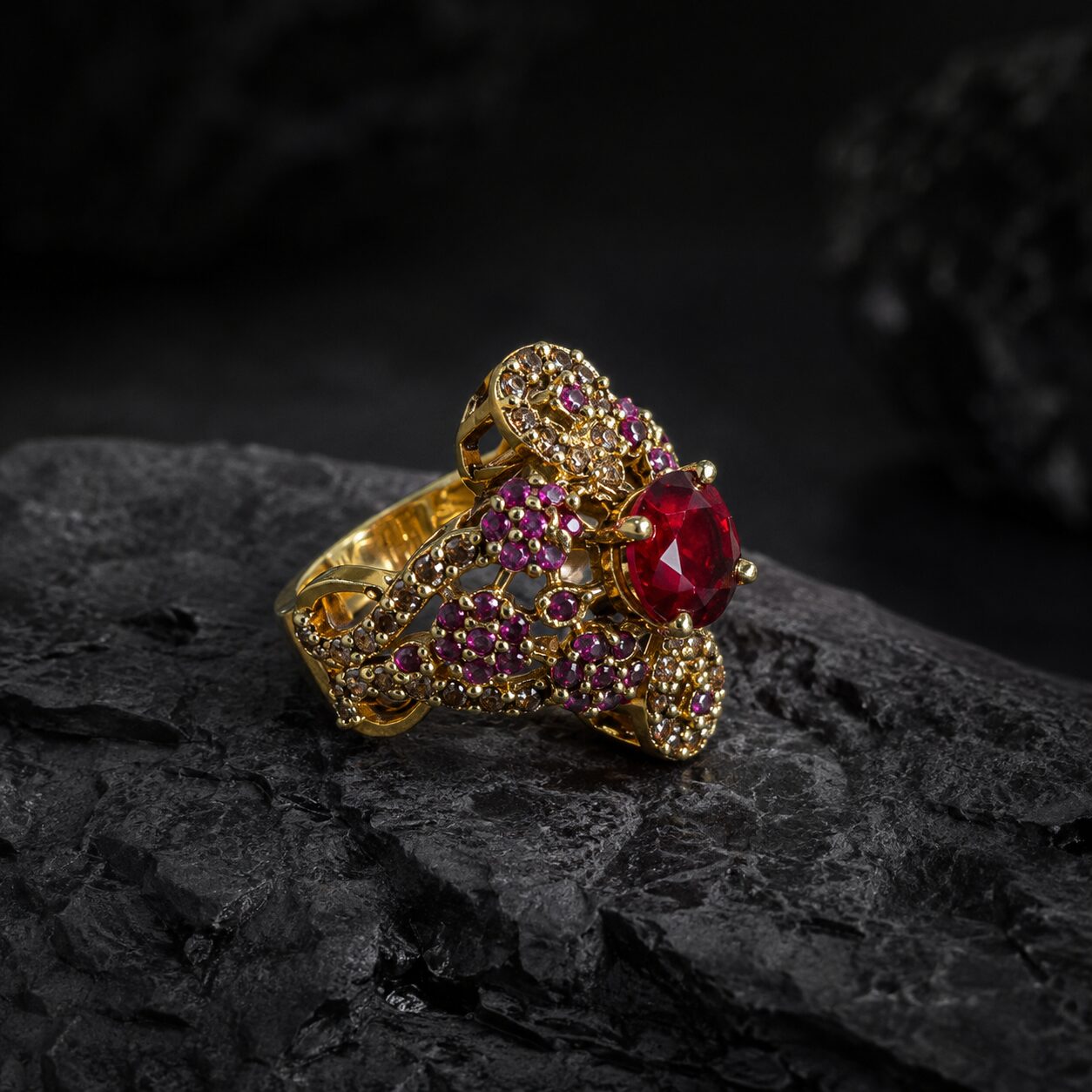 Shahnoor Ruby Floral Statement Ring dark luxury shoot