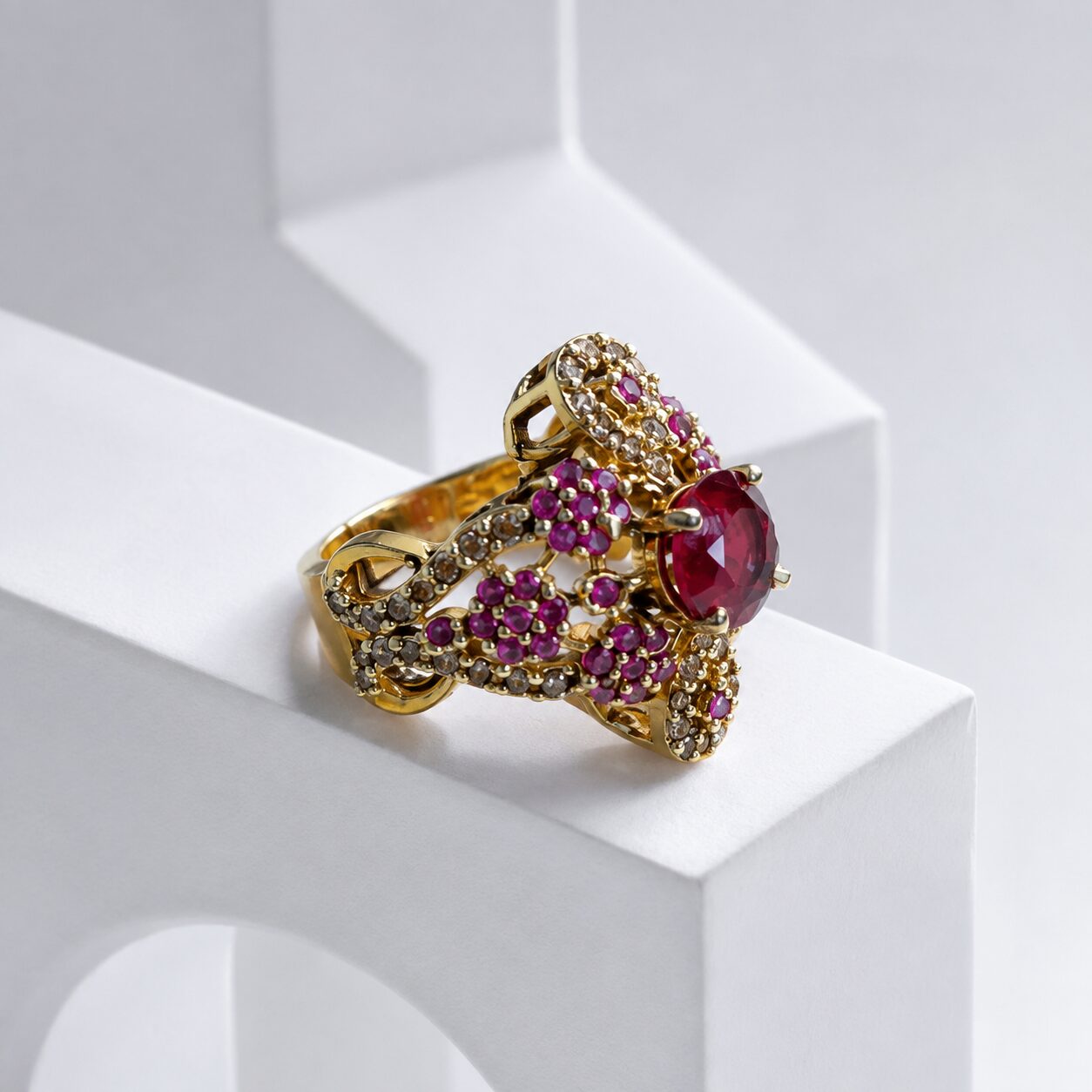 Shahnoor Ruby Floral Statement Ring white studio shoot
