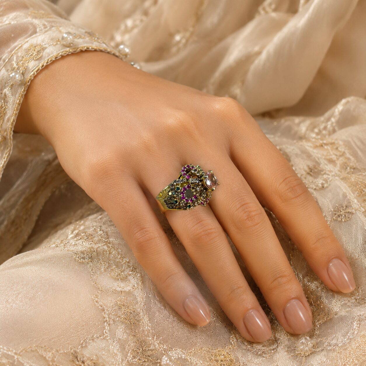 Gulrukh Peach Multistone Statement Ring model hand